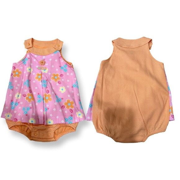Baby Girl New Vintage Carter's 9 Month Pink & Orange Flower Dress Romper Outfit - Picture 2 of 2